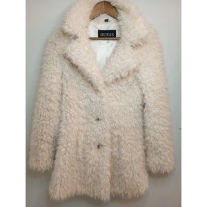 Guess M Ivory White Faux Fur Teddy Button-Up Collared Coat